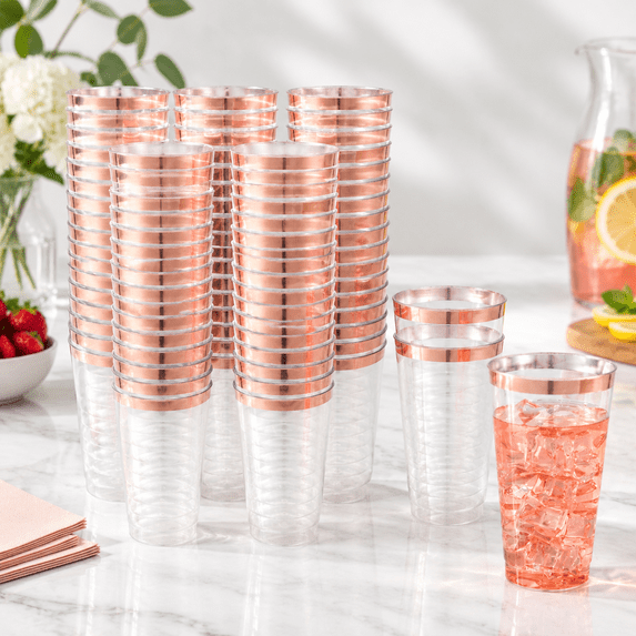 Liyh 100 Rose Plastic Cups 16 Oz - Clear Tumblers Rimmed Fancy ...