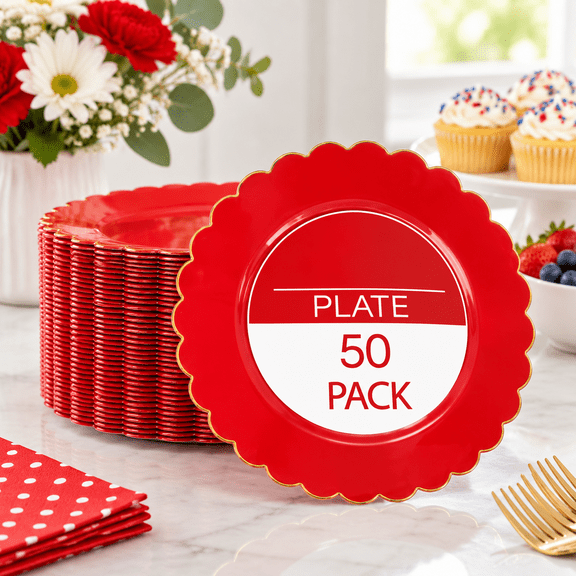 Liyh 50 Pack Red Plastic Plates Disposablemas For 50 Guests Elegant Weddings Birthday Parties & Xmas Day
