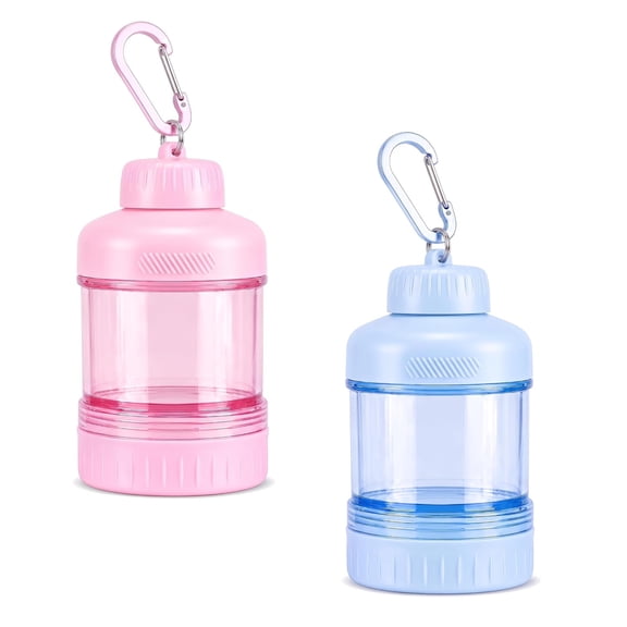 Liyquint 2 Pack Protein Powder Container to Go, 50g/100g Stackable Powder Holder with Keychain, Travel Funnel Bottle for Shaker Bottle, Sky Blue & Sakura Pink