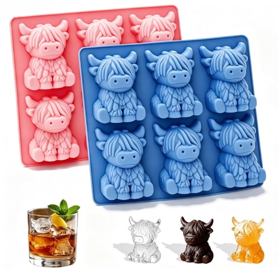 Liyquint 2 Pcs Mini Highland Cow Ice Cube Mold Set– 3D Pink & Blue Silicone Ice Tray for Whiskey, Cocktails, Chocolate, DIY Desserts, Fun Party & Home Gift