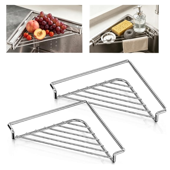 Liyquint 2 Pcs Stainless Steel Corner Sink Shelf with Triangular Open Wire Rack,Triangular Drainage Rack,Drainage and Raised Side for Sponges Soap Plates Cups Utensils Drain Shelf Kitchen Counter