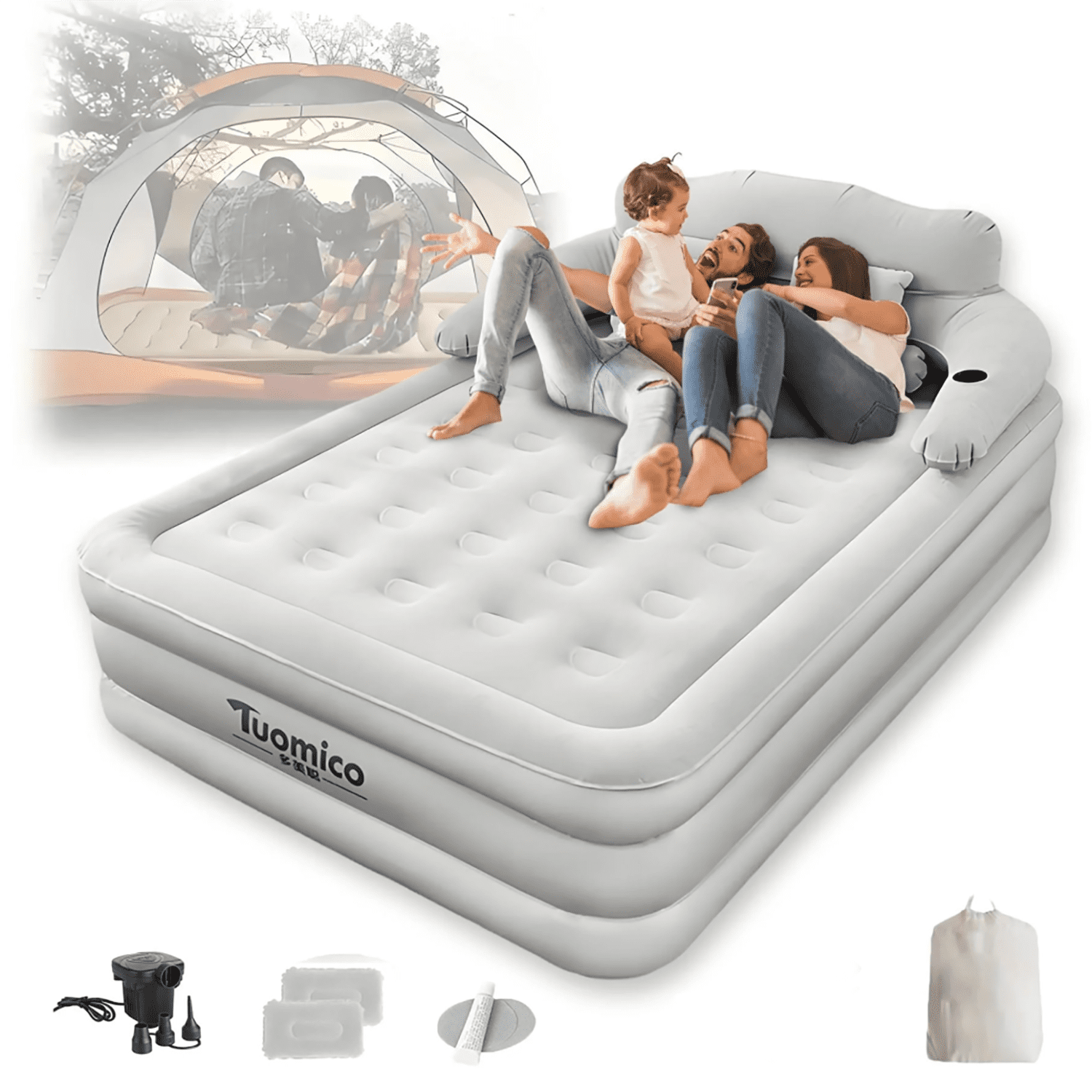 Beuway 19"Queen Air Mattress with Headboard & Pump, Inflatable Portable Comfort Airbed for Travel Home,661lb Max,Gray