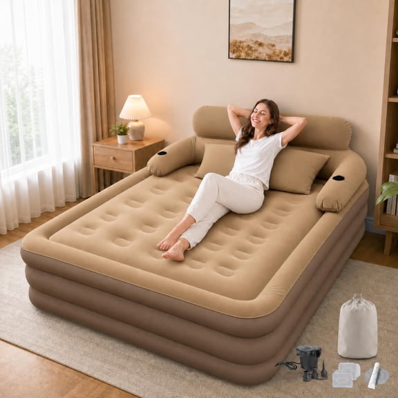 Beuway 19in Queen Air Mattress, Inflatable Airbed with Pump for Guest Home Camping Travel, 661lb Max,Coffee