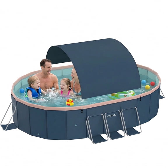 Liyufly Foldable Above Ground Swimming Pool, Metal Steel Frame Kiddie Pools with Canopy Sunshade for Backyard, Garden, Lawn for Adults, 105in