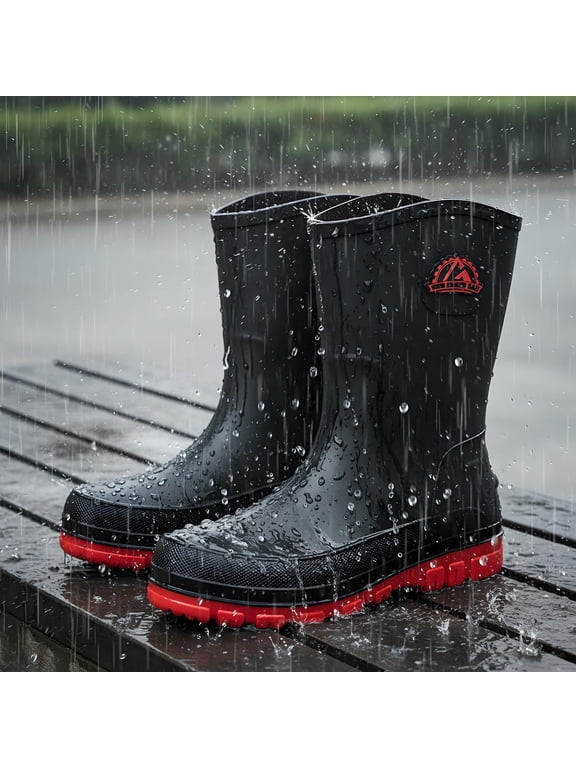 Rain Boots for Men, Non-Slip Waterproof Rubber Boots Outdoor Garden Mid Calf Muck Work Shoes Rainboots for Fishing Climbing, Black & Red, Size 9