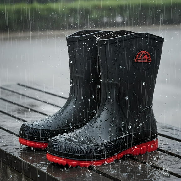 Liyufly Rain Boots for Men, Non-Slip Waterproof Rubber Boots Outdoor Garden Mid Calf Muck Work Shoes Rainboots for Fishing Climbing, Black & Red, Size 7.5