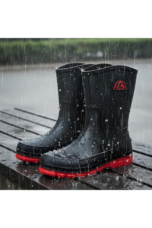 Rain Boots for Men, Non-Slip Waterproof Rubber Boots Outdoor Garden Mid Calf Muck Work Shoes Rainboots for Fishing Climbing, Black & Red, Size 7.5