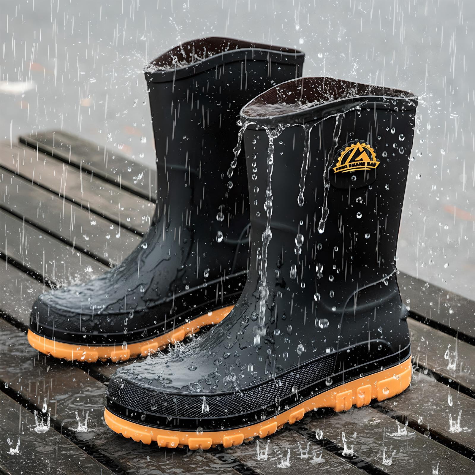 Liyufly Rain Boots for Men, Non-Slip Waterproof Rubber Boots Outdoor Garden Mid Calf Muck Work Shoes Rainboots for Fishing Climbing, Black & Yellow, Size 8
