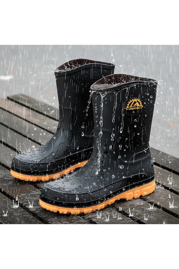 Rain Boots for Men, Non-Slip Waterproof Rubber Boots Outdoor Garden Mid Calf Muck Work Shoes Rainboots for Fishing Climbing, Black & Yellow, Size 8