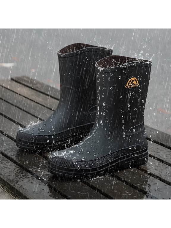 Rain Boots for Men, Non-Slip Waterproof Rubber Boots Outdoor Garden Mid Calf Muck Work Shoes Rainboots for Fishing Climbing, Black, Size 10