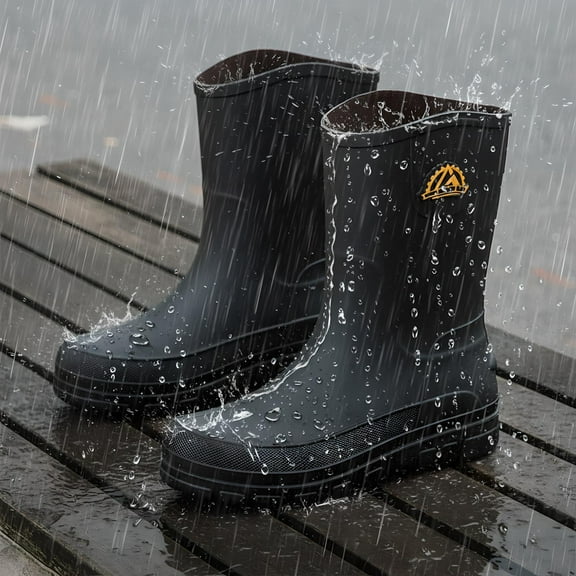 Liyufly Rain Boots for Men, Non-Slip Waterproof Rubber Boots Outdoor Garden Mid Calf Muck Work Shoes Rainboots for Fishing Climbing, Black, Size 7.5