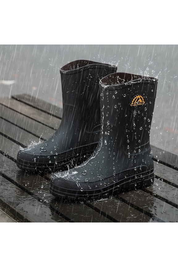 Rain Boots for Men, Non-Slip Waterproof Rubber Boots Outdoor Garden Mid Calf Muck Work Shoes Rainboots for Fishing Climbing, Black, Size 8.5