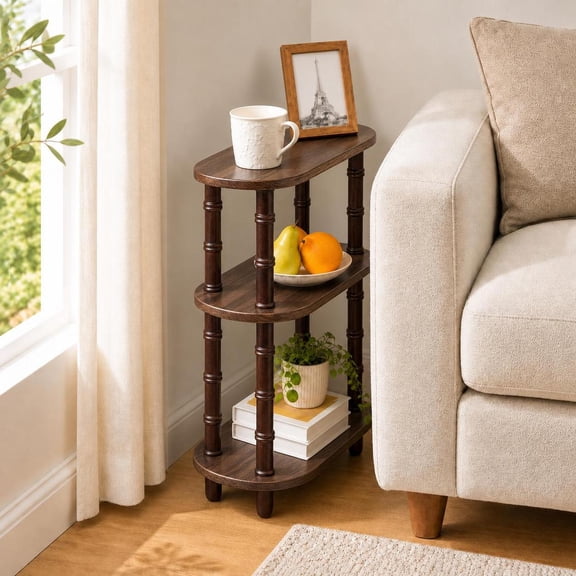 Liyufly Small Narrow Side Table, 3-Tier Narrow End Table with Storage for Small Space, Bedrooms, Living Room,Sofa, 7.8"D,Bamboo-style,Walnut