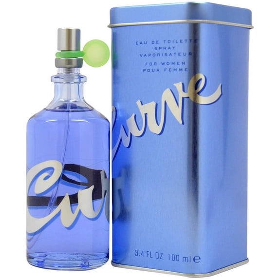 Curve for Women Eau de Toilette spray, blue bottle and tin, 3.4 fl oz, aromatic floral scent