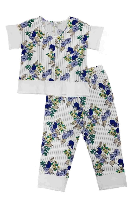 Womens 2PC White & Blue Floral T-Shirt & Crop Pant Pajama Set XXL