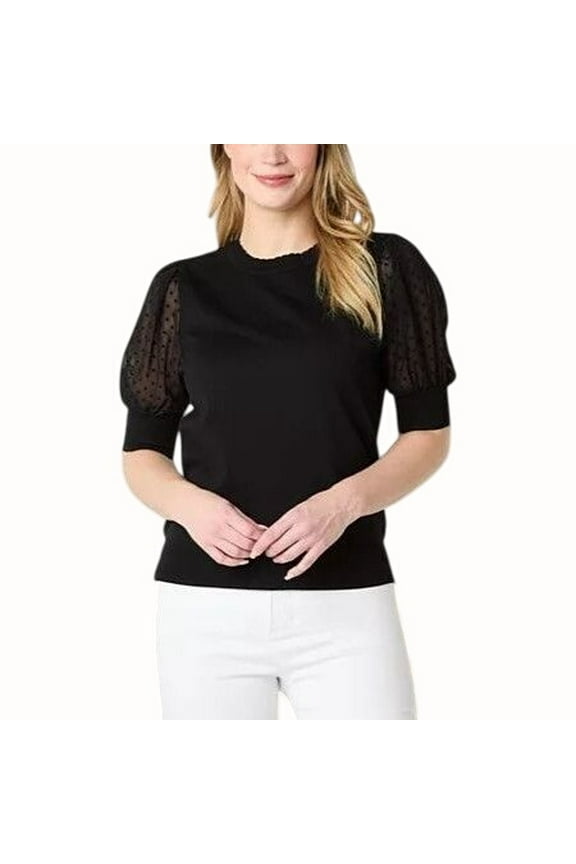 Womens Black Puff Sleeve Top Sheer Swiss Dot Sleeves NEW Large