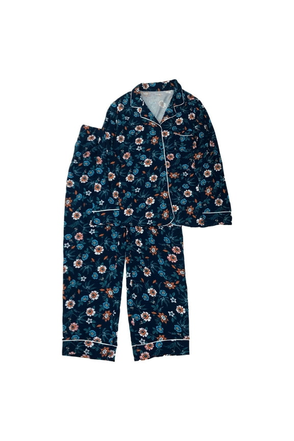 Womens Blue Floral Pajamas Knit Button Front Sleep Set Large
