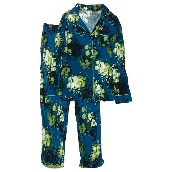 Ambrielle Womens Blue & Green Floral Pajamas Knit Button Front Sleep Set Large