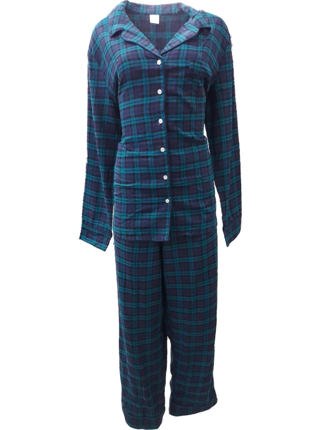 Cozy Christmas Pajamas, women's plaid pajamas, women's blue pajama top with  green and blue plaid pajama pants, Lands End-min