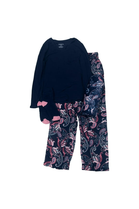 Womens Blue Paisley Pajamas Top Pants Socks & Blanket Set XS