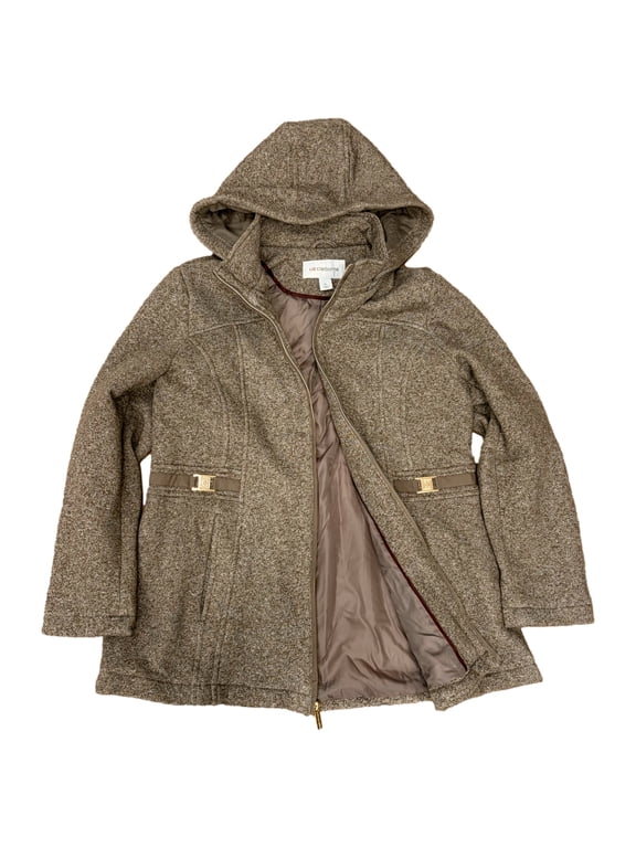 Womens Brown Tweed Hooded Fleece Jacket Mid-Weight Coat X-Large