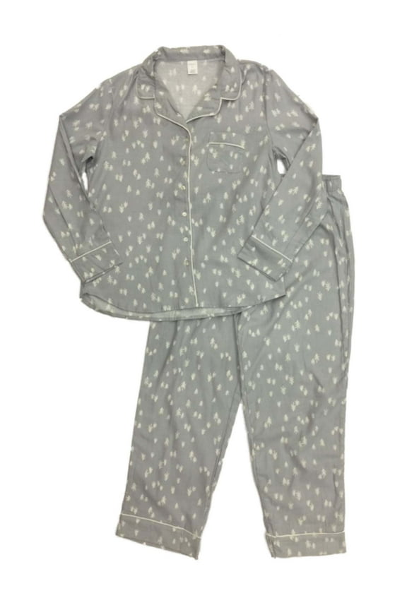 Womens Gray Christmas Tree Print Flannel Pajamas Sleep Set X-Large
