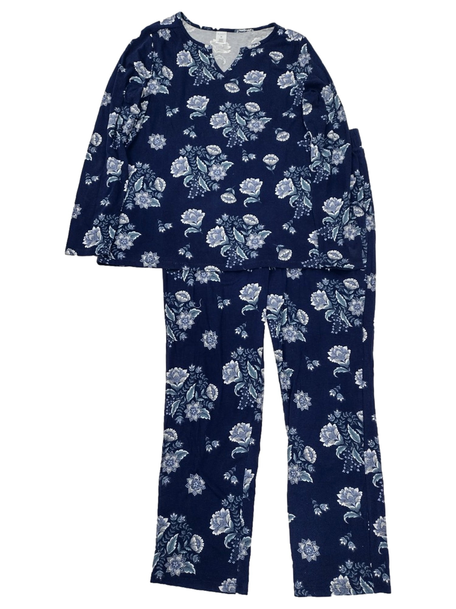 Liz Claiborne Womens Navy Blue Floral Knit Pajamas Sleep Set Tee Pants Small