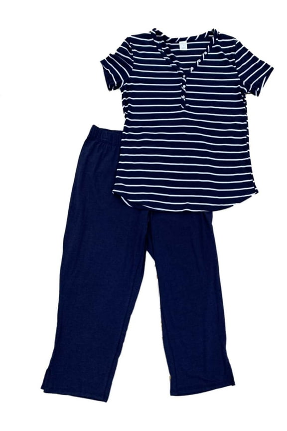 Womens Navy Blue & White Short Sleeve & Crop Pant Pajama Set S