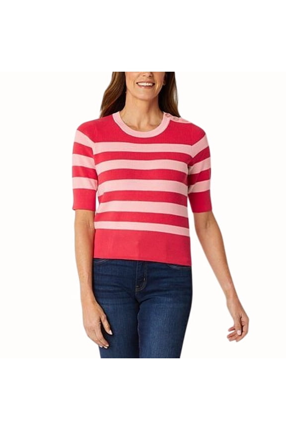 Womens Pink Striped Short Sleeve Sweater Lightweight Medium