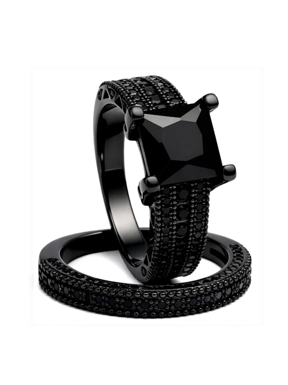 Liza Black Wedding Ring Set for Woman Cz Gothic Engagement Ring Ginger Lyne Collection