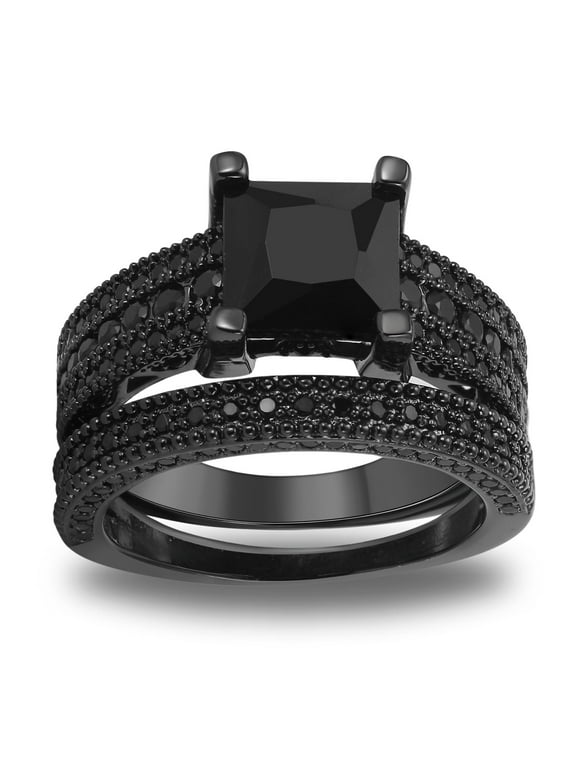 Liza Black Wedding Ring Set for Woman Cz Gothic Engagement Ring Ginger Lyne Collection