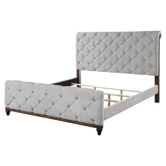 Liza Wood Modern King Size Bed, Button Tufted, Brown Frame, Beige Fabric