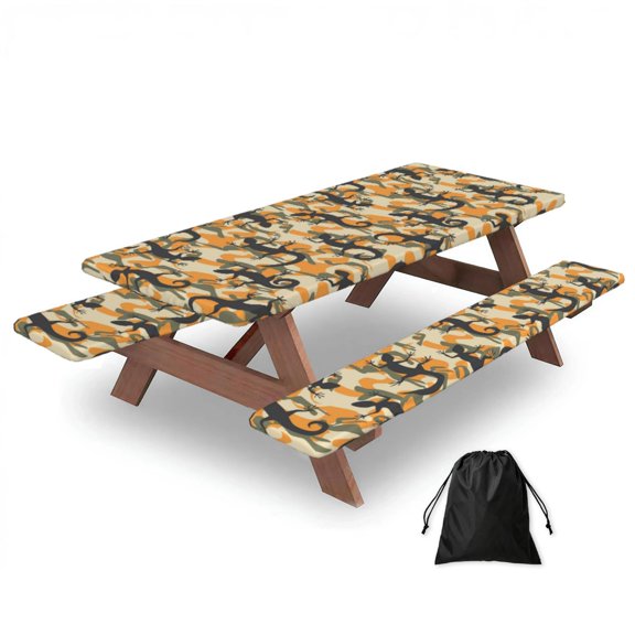 Lizard Camouflage Camo 3-Piece Fitted Picnic Table and Bench Cover Set, 72" Outdoor Tablecloth with Elastic Edges & Storage Bag