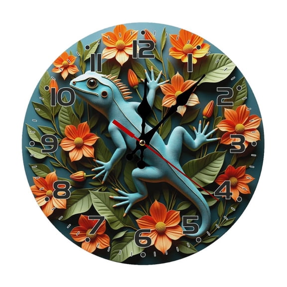 Lizard Flowers Leaves Wall Clock 10 Inch Silent Non Ticking Round Wooden Clock Decoration for Living Room Kitchen Bedroom Bathroom Office Classroom
