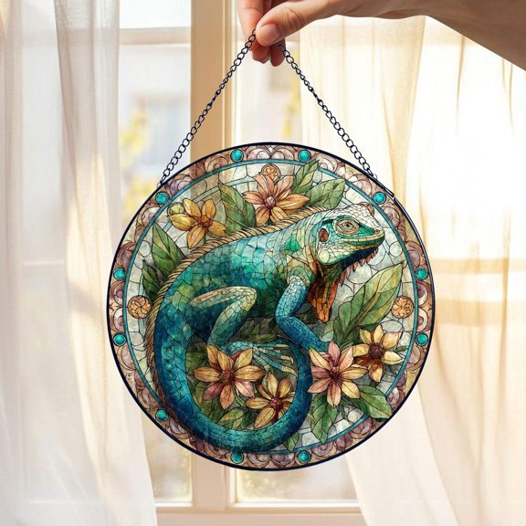 Lizard Glass Suncatcher, Colorful Iguana Window Hanging Decor Flowers Reptile Lover Nature, 6.3 in