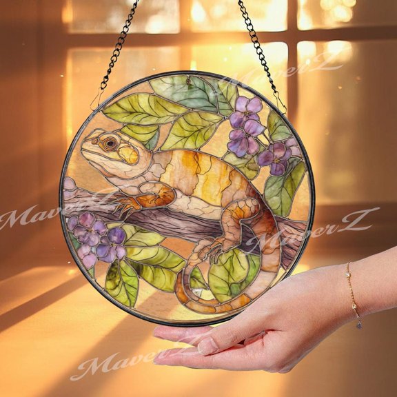 Lizard Glass Suncatcher, Reptile Window Art, Jungle Leaf Nature Wildlife Home Accent, 7.9 in
