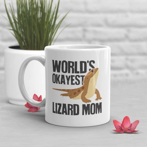 Lizard Mom Coffee Mug, Cute Reptile Gift, Bearded Dragon Lover, Funnizard Cup, Gift Her, Birthday, World's Okayest Lizard Mom.