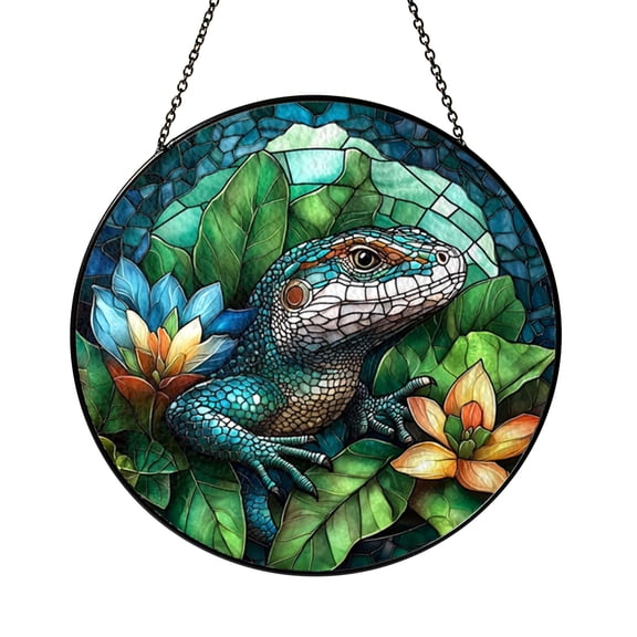 Lizard Stained Glass Panel with Vibrant Forest Leaf Design, Unique Reptile Nature Decor for Home