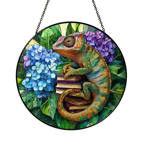 Lizard Stained Glass Suncatcher Window Decor Funny Glasses Reptile Art Whimsical Nature Theme Decorative Hanging Glass Panel for Home