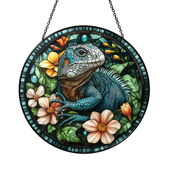 Lizard Stained Glass Suncatcher Window Hanging, Colorful Iguana with Flowers Nature Art Decor Gift