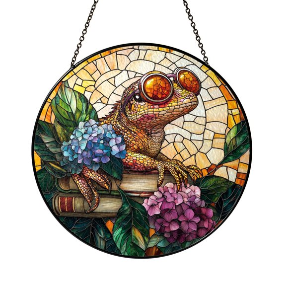 Lizard Suncatcher in Stained Glass Style, Funny Glasses Reptile Art Window Hanging for Whimsical Home Decor