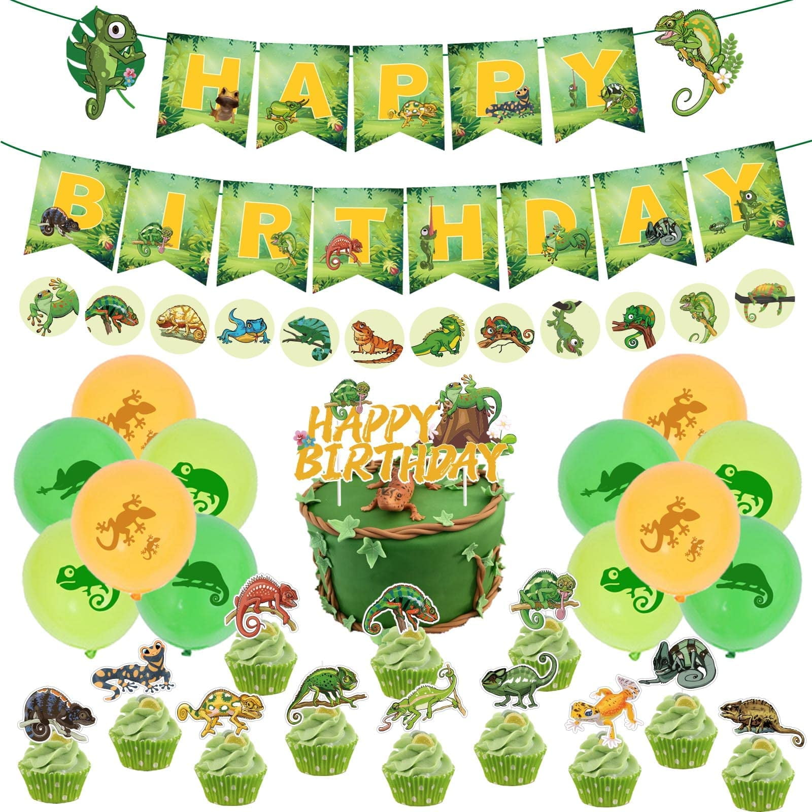 Lizard Theme Party Decorations, Jungle Wild Reptile Animal Party for Kids with Happy Birthday Banner, Lizard Stickers, Cake Toppers, Balloons