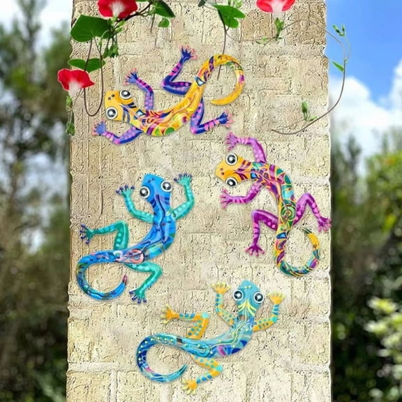 Lizard Wall Art Metal Gecko Outdoor Decor 4 Pieces Gecko Garden Sculptures Crawling Colorful Home Decoration for Indoor