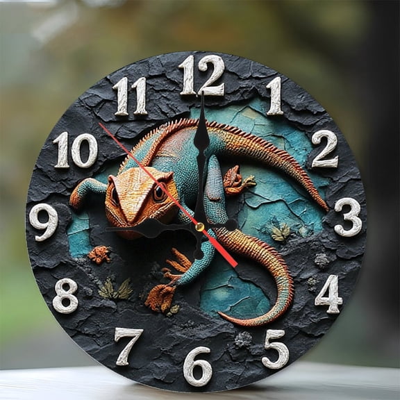 Lizard Wall Clock Reptile Decor Home Decor 10-Inch Silent Wooden Wall Clock, Battery Operated (AA Batteries Not Included), Artistic Home Decor