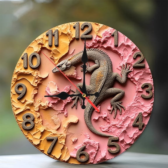 Lizard Wall Clock Resin Craft Home Decor 10-Inch Silent Wooden Wall Clock, Battery Operated (AA Batteries Not Included), Artistic Home Decor