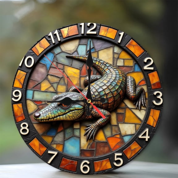Lizard Wall Clock with Stained Glass Art Design Decor 10-Inch Silent Wooden Wall Clock, Battery Operated (AA Batteries Not Included), Artistic Home Decor