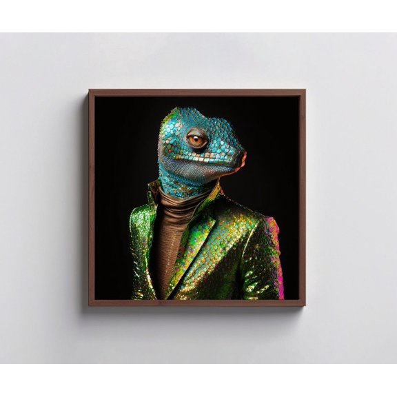 Lizard Wearing Suit With Green And Blue Lizard Unique Animal Playful Lizard Poster Unframed Paper Print