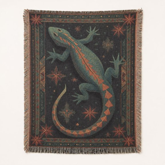 Lizard Woven Cotton Throw Blanket with Fringe, Reptile Nature Decor
