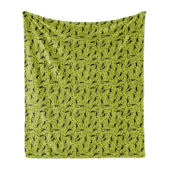 Lizards Soft Flannel Fleece Blanket, Slender Shapes of Reptiles with Polka Dots Crawling Silhouettes, Cozy Plush for Indoor and Outdoor Use, 70" x 90", Apple Green and Charcoal Grey, by Ambesonne
