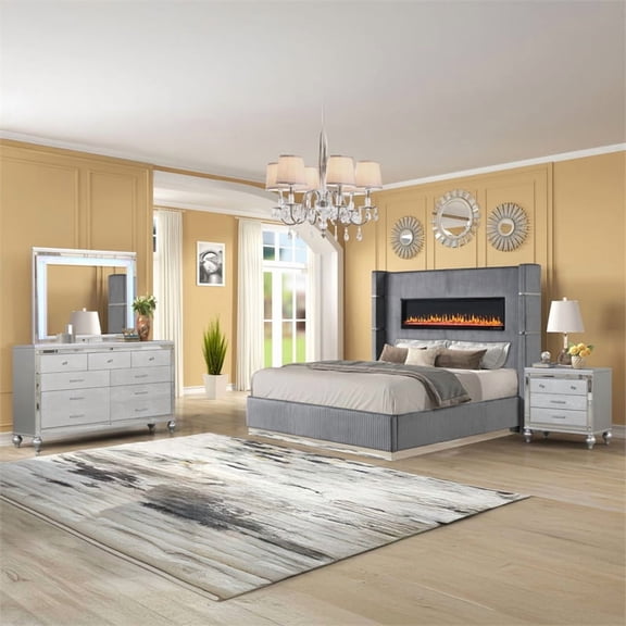 Lizelle Upholstery King 4 Pc Bedroom Set made with wood in Gray